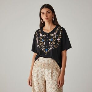 Kinga Csilla Floral Embroidered Cotton Short Sleeve Boho Boxy Oversized Tee